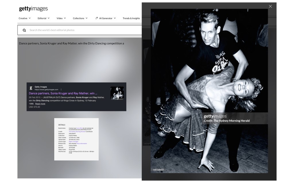 Raymond Mather and Sonia Kruger Getty Images Screenshot SMH article 1988